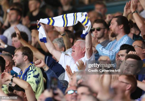 Leeds United fan during the Premier League match between Leeds United and Chelsea FC at Elland Road on August 21, 2022 in Leeds, England.