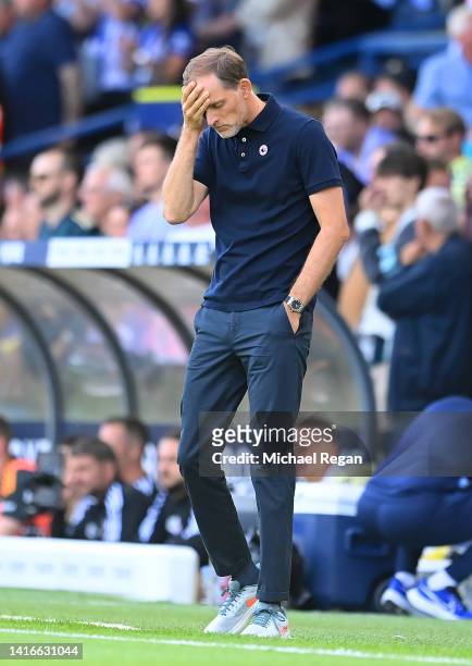 Chelsea manager Thomas Tuchel reacts during the Premier League match between Leeds United and Chelsea FC at Elland Road on August 21, 2022 in Leeds,...