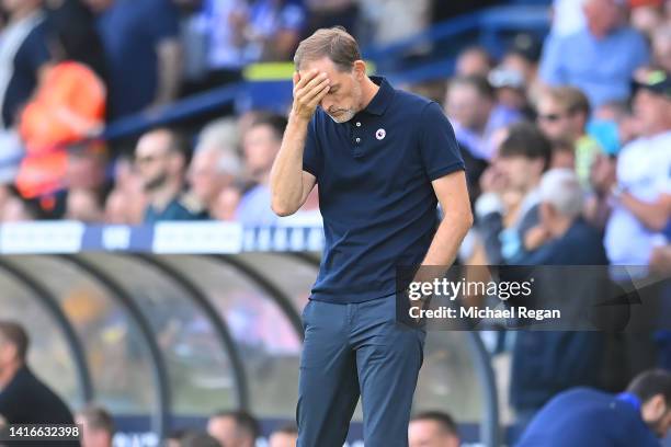 Chelsea manager Thomas Tuchel reacts during the Premier League match between Leeds United and Chelsea FC at Elland Road on August 21, 2022 in Leeds,...