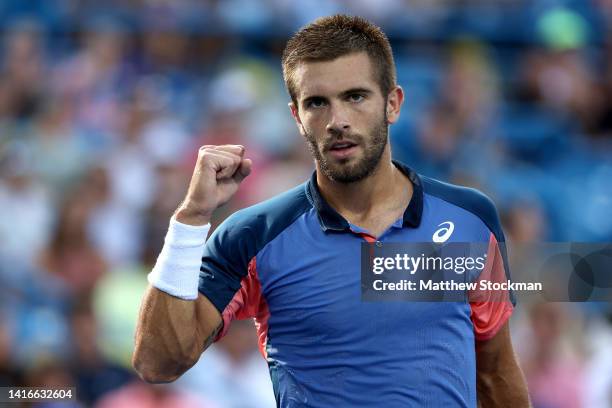 Borna Coric of Croatia celebrates a point against Stefanos Tsitsipas of Greece during their Men's Singles Final match on day nine of the Western &...