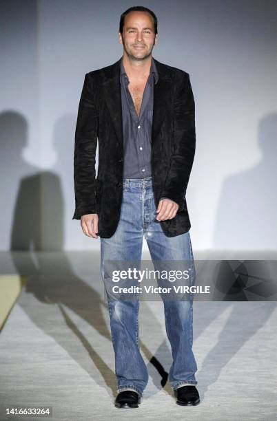 Fashion designer Tom Ford walks the runway during the Gucci Ready to Wear Fall/Winter 2001 fashion show as part of the Milan Fashion Week on March 1,...