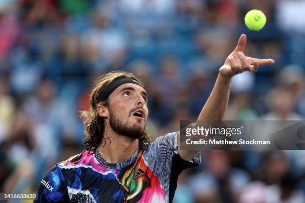 Stefanos Tsitsipas of Greece serves against Borna Coric of Croatia during their Men's Singles Final match on day nine of the Western & Southern Open...