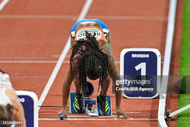 Nketia Seedo of The Netherlands competing in women's 4x 100m relay final at the European Championships Munich 2022 at the Olympiastadion on August...