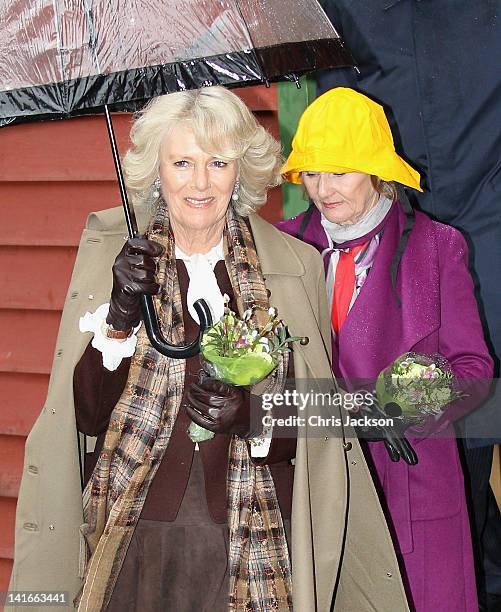 Camilla, Duchess of Cornwall and Queen Sonja of Norway during a royal visit to Bryggen Wharf on March 21, 2012 in Bergen, Norway. Prince Charles,...