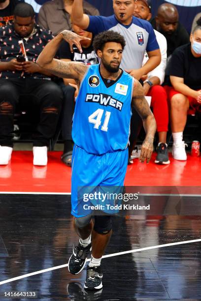 Glen Rice Jr. #41 of the Power reacts during the BIG3 Championship against Trilogy at State Farm Arena on August 21, 2022 in Atlanta, Georgia.