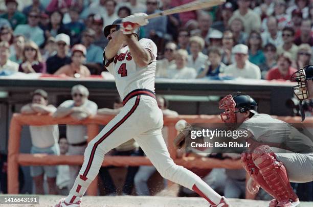 California Angels Bobby Grich foul-tips a ball off the glove of Boston catcher Carlton Fish during MLB playoff game, October 10, 1986 in Anaheim,...