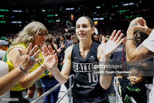 Sue Bird of the Seattle Storm leaves the court after beating Washington Mystics 97-84 during Round 1 Game 2 of the WNBA playoffs at Climate Pledge...