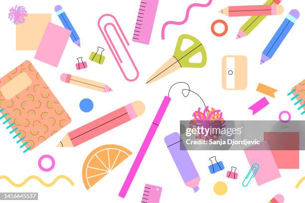 bildbanksillustrationer, clip art samt tecknat material och ikoner med seamless pattern of school supplies - paperclip