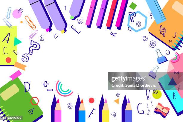 colorful background with school supplies - coloured pencils stock illustrations