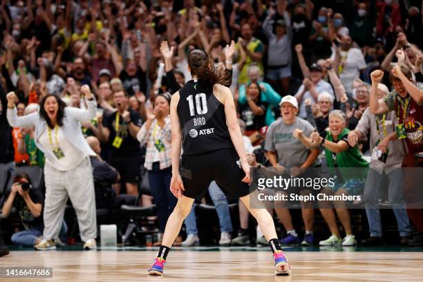 Sue Bird of the Seattle Storm reacts after a basket during the fourth quarter against the Washington Mystics during Round 1 Game 2 of the WNBA...