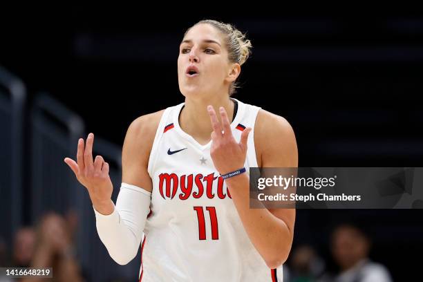 Elena Delle Donne of the Washington Mystics reacts during the fourth quarter against the Seattle Storm during Round 1 Game 2 of the WNBA playoffs at...