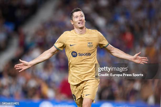 Robert Lewandowski of FC Barcelona reacts after scoring goal during the La Liga Santander match between Real Sociedad and FC Barcelona at Reale Arena...