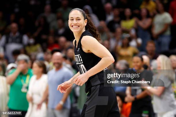 Sue Bird of the Seattle Storm reacts after a basket during the fourth quarter against the Washington Mystics during Round 1 Game 2 of the WNBA...