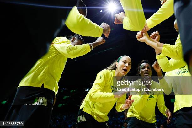 Sue Bird of the Seattle Storm gathers her teammates before Round 1 Game 2 of the WNBA playoffs against the Washington Mystics at Climate Pledge Arena...