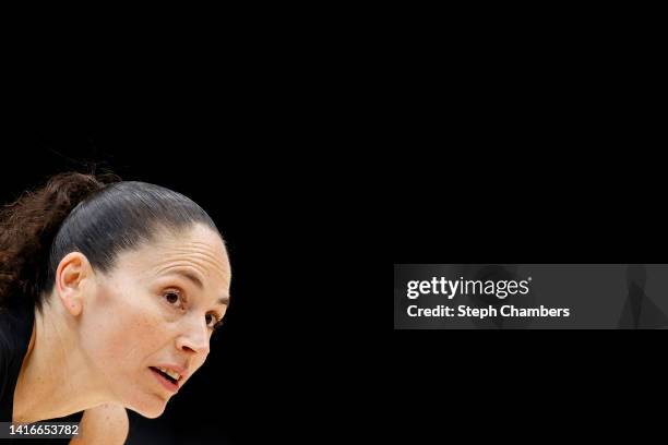 Sue Bird of the Seattle Storm looks on during the second quarter against the Washington Mystics in Round 1 Game 2 of the WNBA playoffs at Climate...