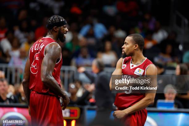 Isaiah Briscoe of the Trilogy and Earl Clark of the Trilogy react during the BIG3 Championship against Power at State Farm Arena on August 21, 2022...