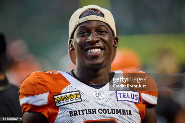 Lucky Whitehead of the BC Lions on the sideline before the game between the BC Lions and Saskatchewan Roughriders at Mosaic Stadium on August 19,...