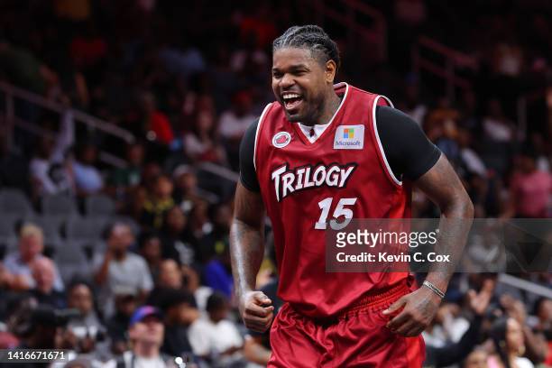 Amir Johnson of the Trilogy celebrates after defeating Power during the BIG3 Championship at State Farm Arena on August 21, 2022 in Atlanta, Georgia.