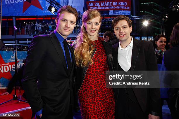 Actors Friedrich Muecke, Pheline Roggan and Christian Friedel arrive for the 'Russendisko' World Premiere at CineStar on March 21, 2012 in Berlin,...