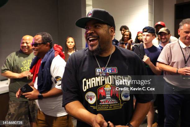 Ice Cube celebrates with in the locker room with Trilogy during the BIG3 Championship at State Farm Arena on August 21, 2022 in Atlanta, Georgia.