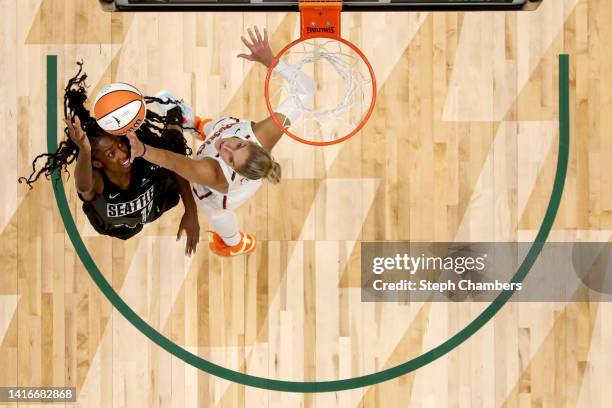 Ezi Magbegor of the Seattle Storm shoots against Elena Delle Donne of the Washington Mystics in the third quarter during Round 1 Game 2 of the WNBA...