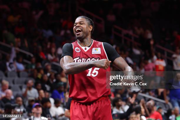 Amir Johnson of the Trilogy celebrates after defeating Power during the BIG3 Championship at State Farm Arena on August 21, 2022 in Atlanta, Georgia.