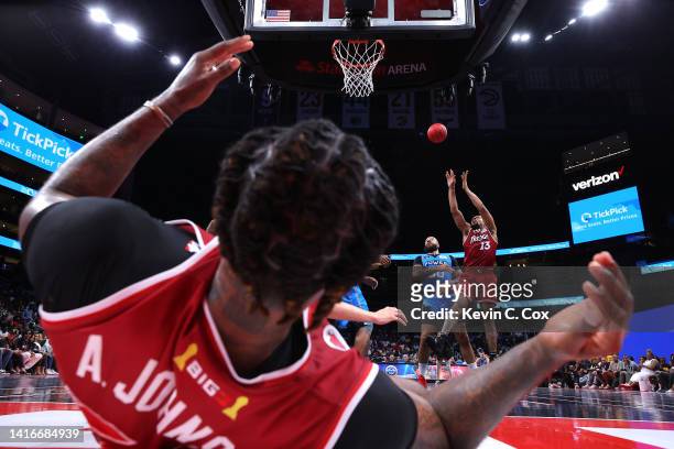 Amir Johnson of the Trilogy looks on after falling as Isaiah Briscoe of the Trilogy shoots against Royce White of the Power during the BIG3...