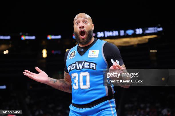Royce White of the Power reacts during the BIG3 Championship against Trilogy at State Farm Arena on August 21, 2022 in Atlanta, Georgia.