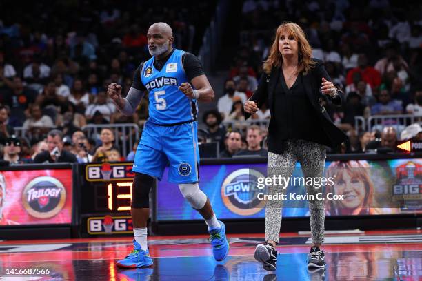 Head coach Nancy Lieberman of the Power and Cuttino Mobley of the Power reacts during the BIG3 Championship against Trilogy at State Farm Arena on...