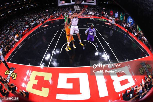 Isaiah Austin of the Enemies shoots against Dusan Bulut of the Aliens during the All-Star game prior to the BIG3 Championship at State Farm Arena on...