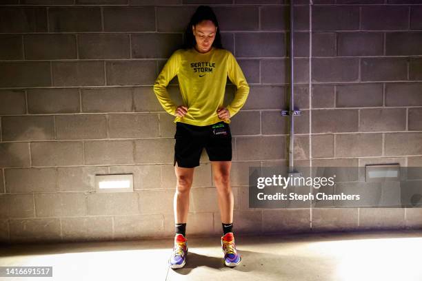 Sue Bird of the Seattle Storm prepares to take the floor before the game against the Washington Mystics in Round 1 Game 2 of the WNBA playoffs at...