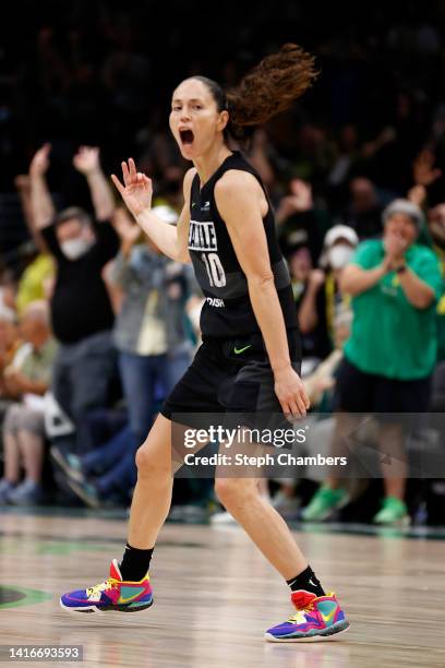 Sue Bird of the Seattle Storm reacts after a three point basket during the third quarter against the Washington Mystics during Round 1 Game 2 of the...