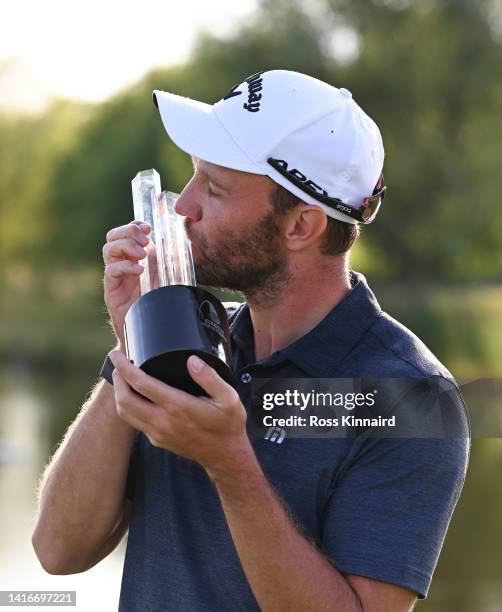 Maximilian Kieffer of Germany with the trophy after winning the D+D Real Czech Masters at Albatross Golf Resort on August 21, 2022 in Prague, Czech...