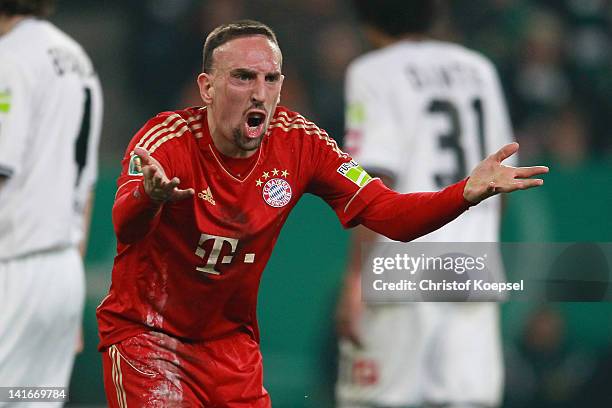 Franck Ribery of Bayern shouts during the DFB Cup semi final match between Borussia Moenchengladbach and FC Bayern Muenchen at Borussia Park Stadium...