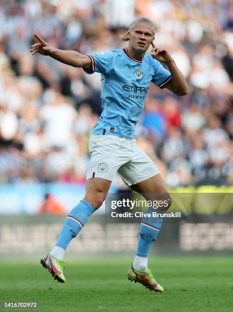 Erling Haaland of Manchester City celebrates after scoring their team's second goal during the Premier League match between Newcastle United and...