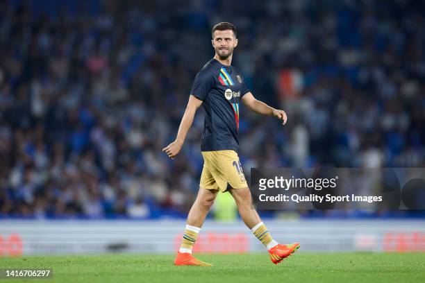 Miralem Pjanic of FC Barcelona looks on during the LaLiga Santander match between Real Sociedad and FC Barcelona at Reale Arena on August 21, 2022 in...