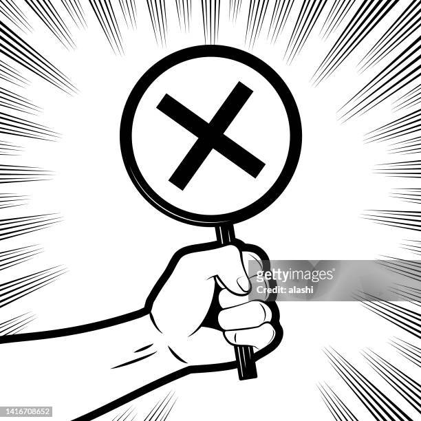 ilustraciones, imágenes clip art, dibujos animados e iconos de stock de un puño firme sosteniendo un signo con una marca x (ex marca o una marca cruzada) en el fondo con líneas de efectos cómicos - letter x