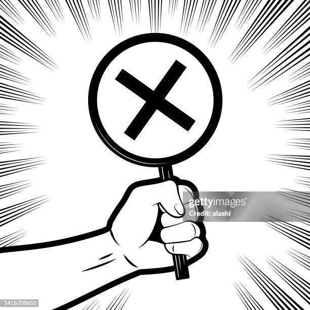 stockillustraties, clipart, cartoons en iconen met a firm fist holding a sign with an x mark (ex mark or a cross mark) in the background with comic effects lines - wrong way