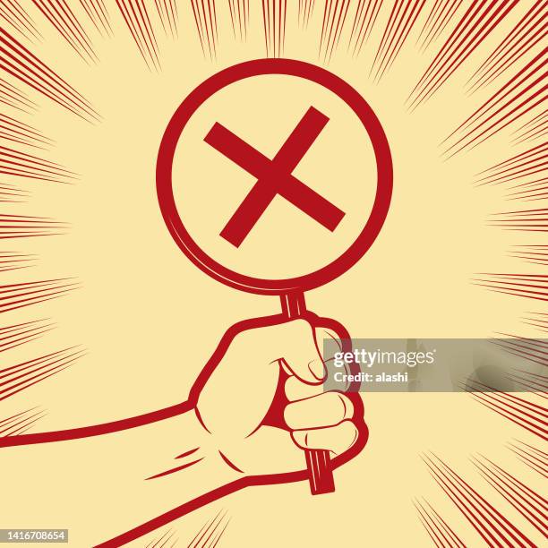a firm fist holding a sign with an x mark (ex mark or a cross mark) in the background with comic effects lines - no symbol stock illustrations