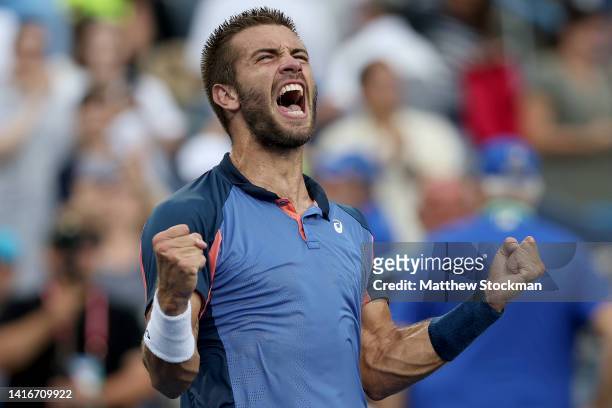 Borna Coric of Croatiacelebrates his win over Stefanos Tsitsipas of Greece during the men's final of the Western & Southern Open at Lindner Family...