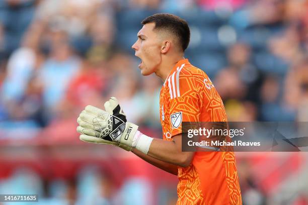 Gabriel Slonina of Chicago Fire reacts against New York City FC during the second half at SeatGeek Stadium on August 21, 2022 in Bridgeview, Illinois.