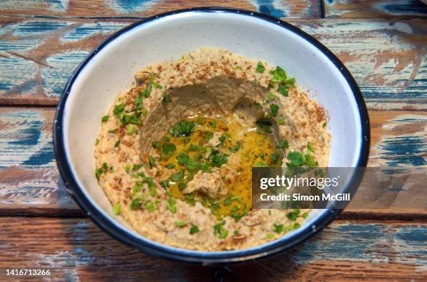 baba ganoush with smoked paprika and olive oil in an enamelware bowl on a wooden table top - lebanese food stockfoto's en -beelden
