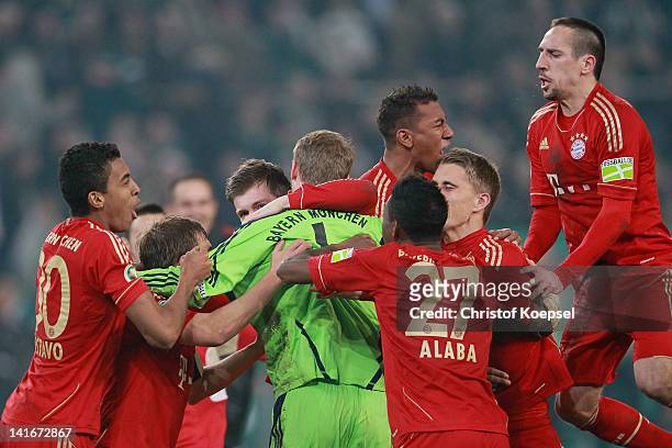 Bayern celebrates the 4-2 victory after penalty shoot-out after the DFB Cup semi final match between Borussia Moenchengladbach and FC Bayern Muenchen...