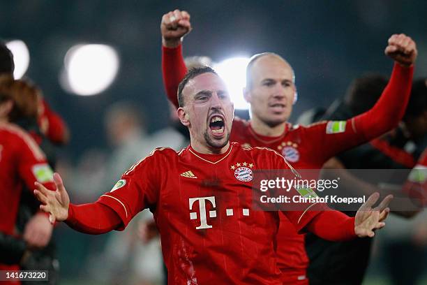 Franck Ribery and Arjen Robben of Bayern celebrate the 4-2 victory after penalty shoot-out after the DFB Cup semi final match between Borussia...
