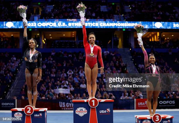 Shilese Jones, Konnor McClain, and Jordan Chiles celebrate winning the all around competition during the 2022 US Gymnastics Championships at Amalie...