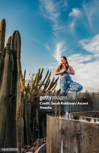 young woman preforms yoga moves on rockwall - phoenix arizona cactus stock pictures, royalty-free photos & images