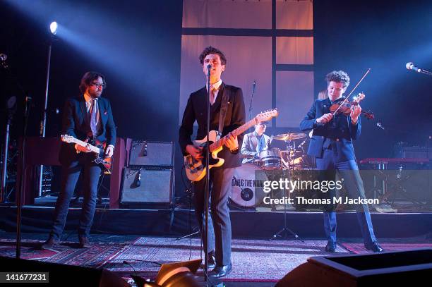 Fred Abbott, Charlie Fink, Matthew Petulla and Tom Hobden of Noah and the Whale perform on stage at O2 Academy on March 21, 2012 in Newcastle upon...