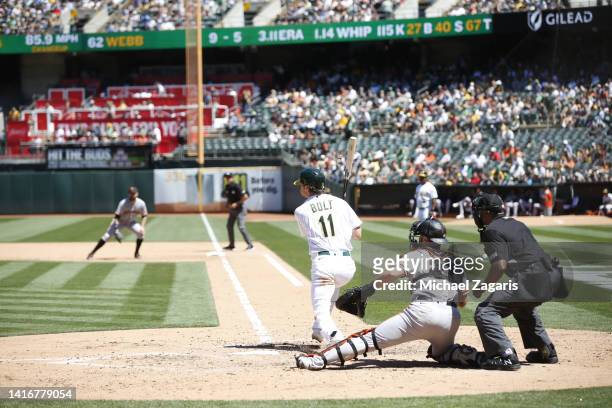 Skye Bolt of the Oakland Athletics bats during the game against the San Francisco Giants at RingCentral Coliseum on August 7, 2022 in Oakland,...
