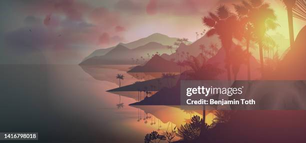 sunset in tropics, under palm trees view - california beach stock illustrations