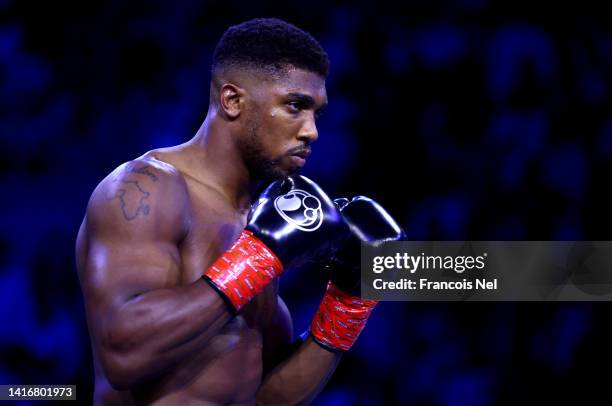 Anthony Joshua looks on ahead of their World Heavyweight Championship fight against Oleksandr Usyk during the Rage on the Red Sea Heavyweight Title...